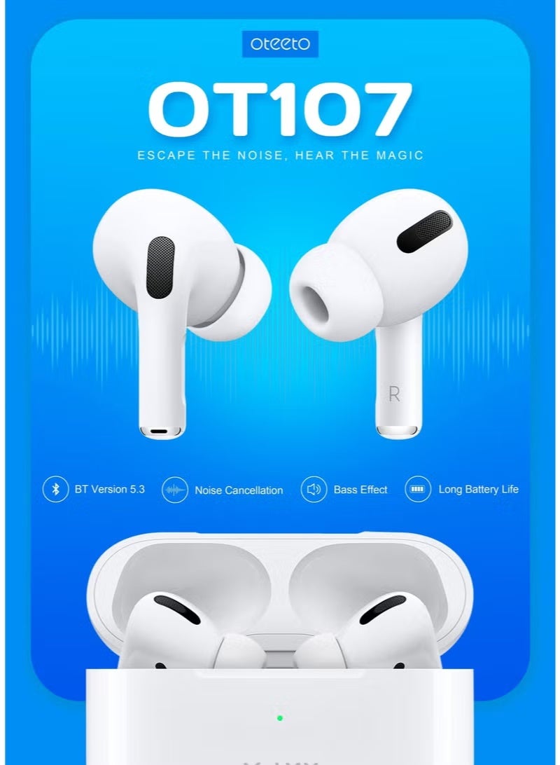 Oteeto OT107 True Wireless Bluetooth 5.4 Earbuds with Noise Reduction & Deep Bass, White - Image 2