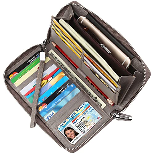 Lavemi Women's RFID Blocking 100% Leather Large Capacity Zip Around Wallet Phone Holder Clutch Travel Purse Wristlet(Large Size Gray) - Image 2