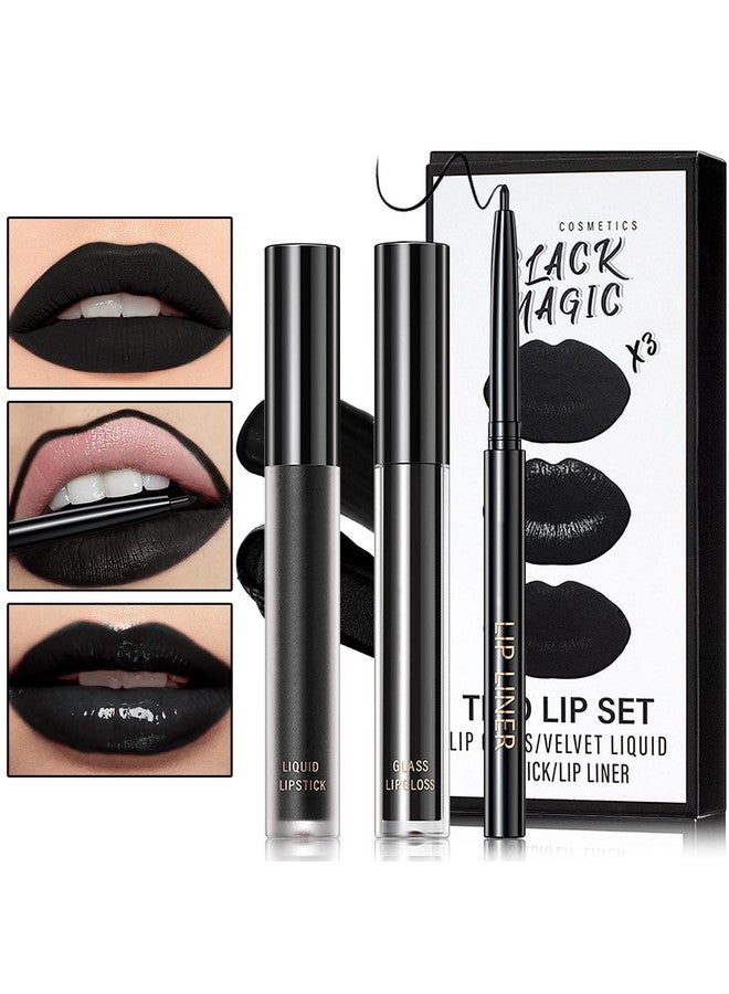 BKPPLZP Black Matte Liquid Lipstick,3 In 1 Black Lip Liner And Lipstick Set,Matte Lip Gloss Long Lasting Moisturizing Velvet Lipgloss Make Up Gift Set Cosplay Goth Halloween Special Effects Makeup Kit - Image 1