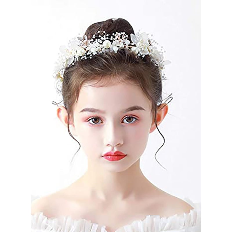 SOLARAE Headband Wedding Flower Girls, Rhinestone Pearl Crystal Beads Fairy Gold Vine Hair Accessories for Little Girl Princess Halo Tiara - Image 2
