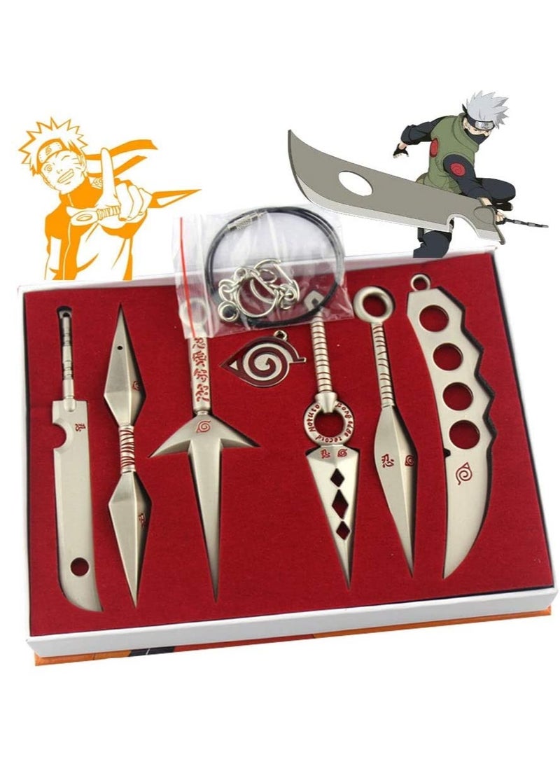 SOLARAE 7-Piece Naruto Ninja Shuriken Cosplay Kit - Persimmon Metal Knai Props & Accessories for Costume, Includes Necklace and Toy for Anime Fans - Image 1