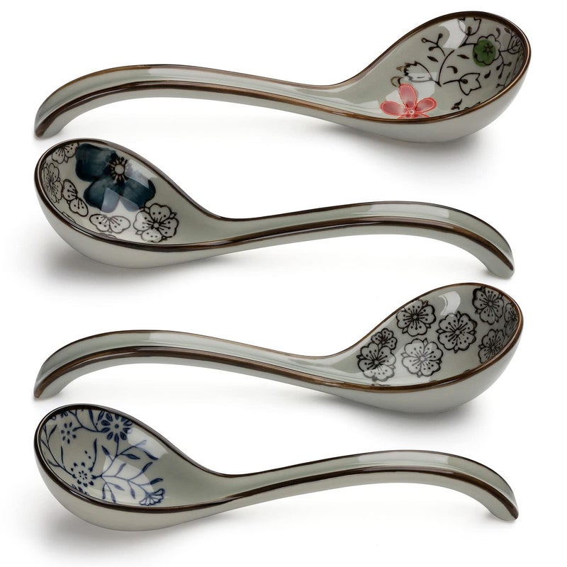 Evannt Ceramic Soup Spoons Set of 4 Porcelain Japanese Soup Spoon Long Handle Asian Soup Spoon Sets for Pho Ramen Noodles Wonton Dumpling Rice (Model 2#) - Image 1