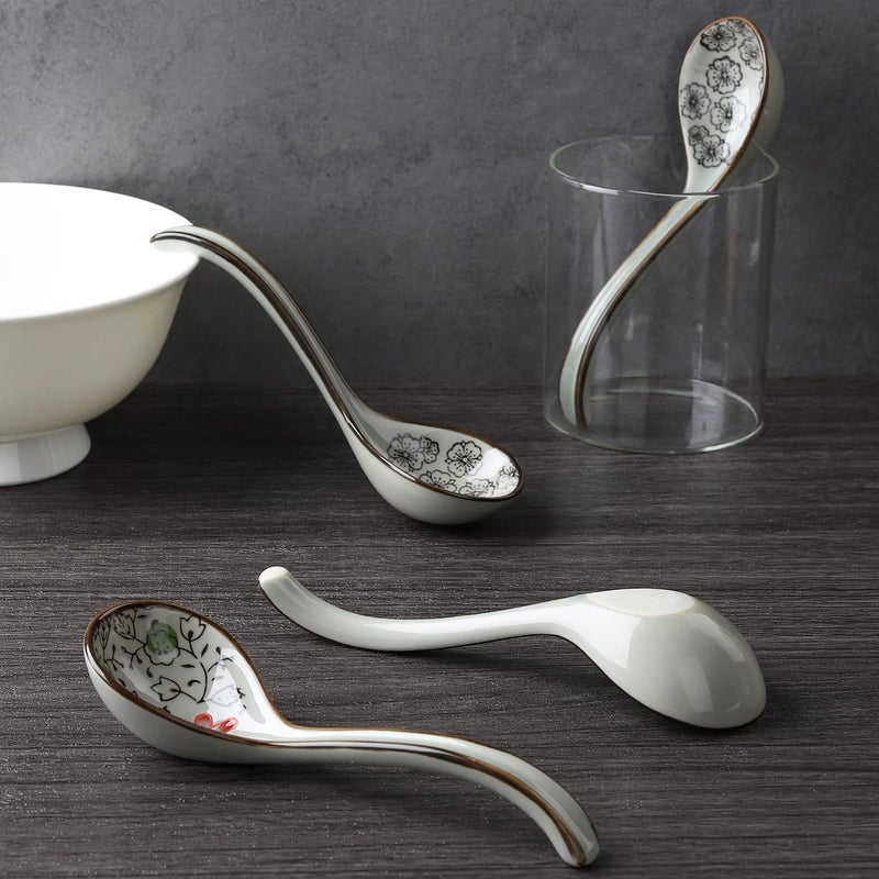 Evannt Ceramic Soup Spoons Set of 4 Porcelain Japanese Soup Spoon Long Handle Asian Soup Spoon Sets for Pho Ramen Noodles Wonton Dumpling Rice (Model 2#) - Image 4