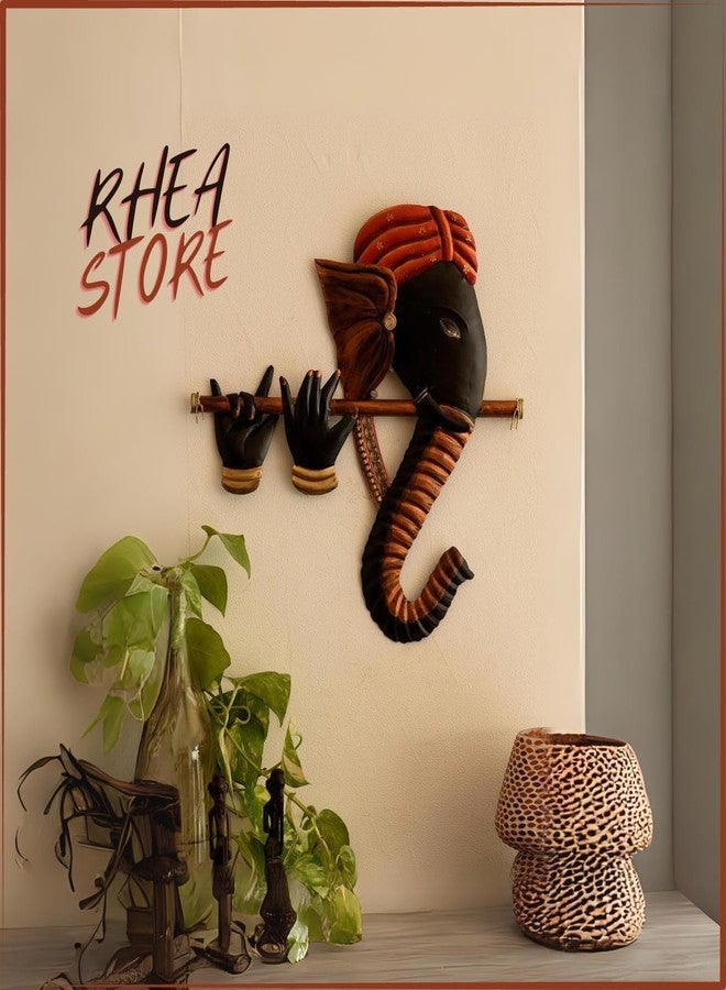 RHEA STORE متجر ريا: لوحة جدارية معلقة على شكل مزمار غانيشا، منحوتة جدارية فريدة مصنوعة يدوياً، ديكور مميز، هدية للمناسبات الخاصة (43 × 3 × 38 سم). - Image 2