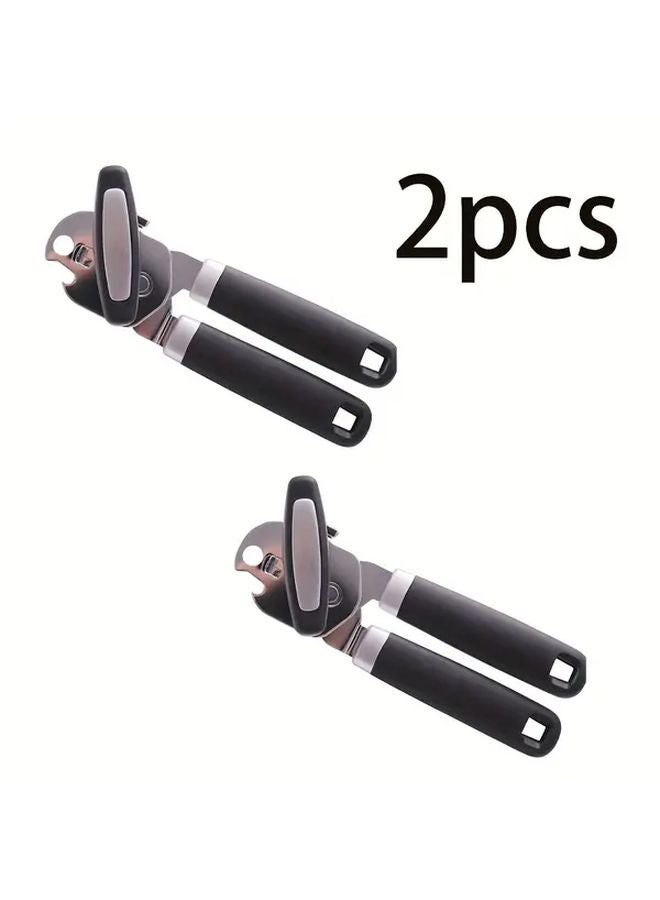 2pcs Black Stainless Steel Manual Can Bottle Opener Ergonomic Handle Kitchen Tool - Image 1