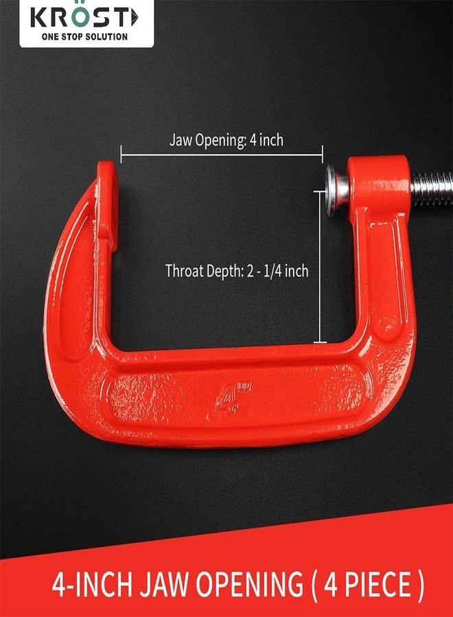 KROST Heavy Duty C and G Clamp Set, 4" C-Clamp for Metalworking, Woodworking, 4-Inch Max Jaw Opening, Red(Pack of 4) - Image 2