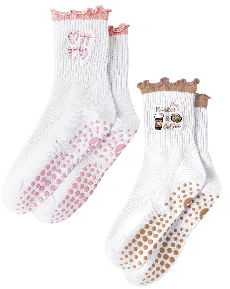 Yawlsow Cute Pilates Grip Socks for Women Ruffle Frilly Yoga Socks Non Slip Cotton Crew Grippy Sock for Barre Workout (US, Alpha, One Size, Regular, Regular, 2 Pack-Brown & Pink) - Image 1