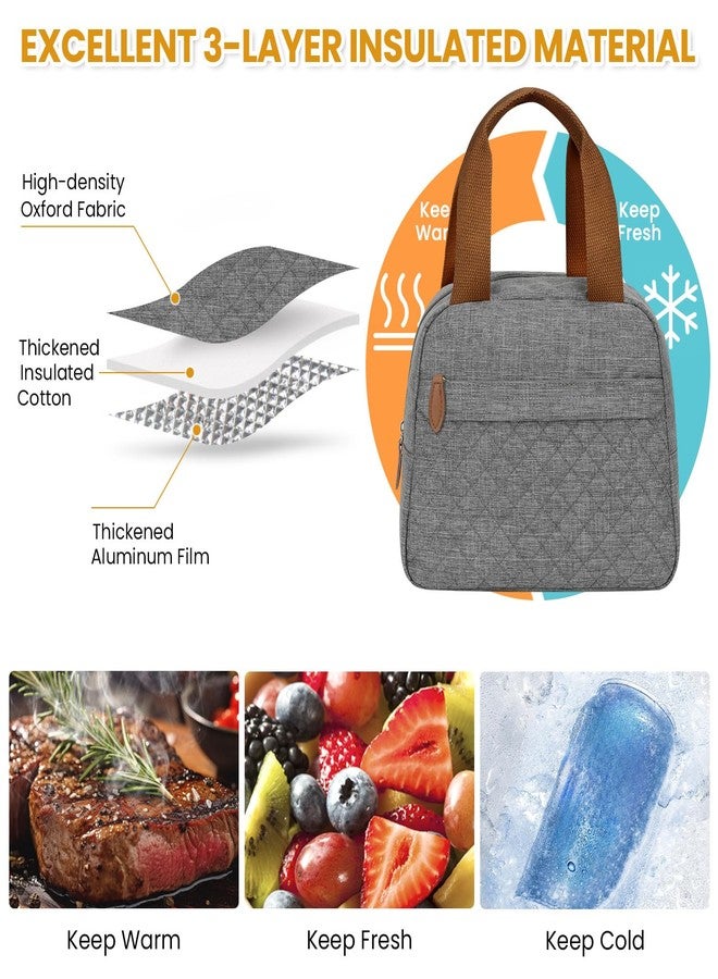 ELONGRIVER Insulated Lunch Bag for Women, Portable Lightweight Lunch Box for Adults, Reusable Small Lunch Tote Cooler Bags with Front Zipper Pocket for Work School Picnic(Gray) - Image 3