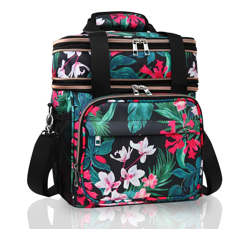 GLENKEY Expandable Lightweight Insulated Lunch Box for Women, Double Deck Large Lunch Bag Leakproof Soft Cooler Bags with Shoulder Strap for Adults Work Office Flight Beach Travel, Floral, 16L - Image 1