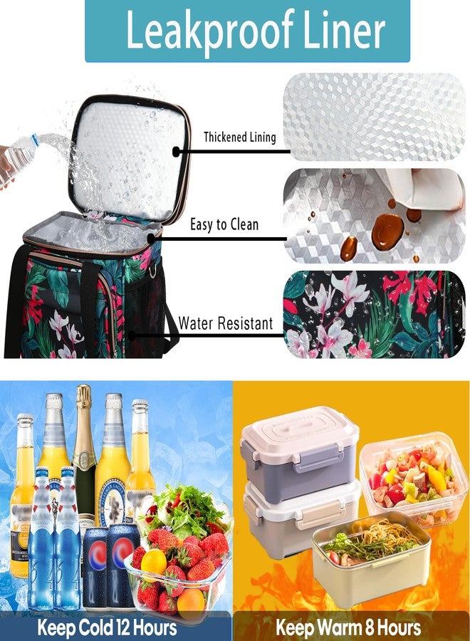 GLENKEY Expandable Lightweight Insulated Lunch Box for Women, Double Deck Large Lunch Bag Leakproof Soft Cooler Bags with Shoulder Strap for Adults Work Office Flight Beach Travel, Floral, 16L - Image 4