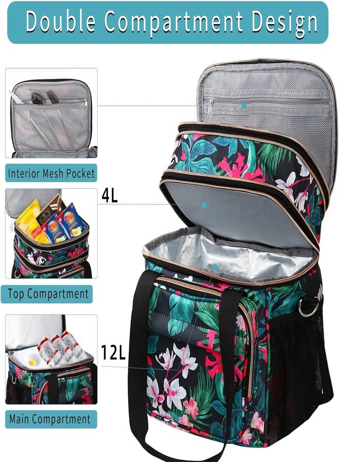 GLENKEY Expandable Lightweight Insulated Lunch Box for Women, Double Deck Large Lunch Bag Leakproof Soft Cooler Bags with Shoulder Strap for Adults Work Office Flight Beach Travel, Floral, 16L - Image 2