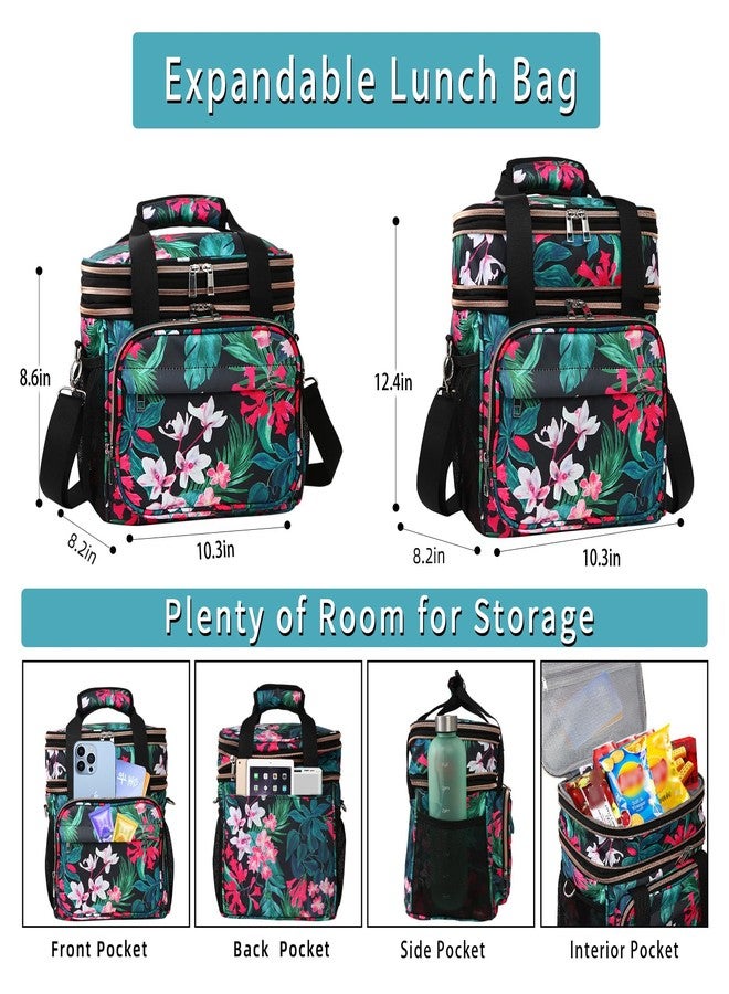 GLENKEY Expandable Lightweight Insulated Lunch Box for Women, Double Deck Large Lunch Bag Leakproof Soft Cooler Bags with Shoulder Strap for Adults Work Office Flight Beach Travel, Floral, 16L - Image 3