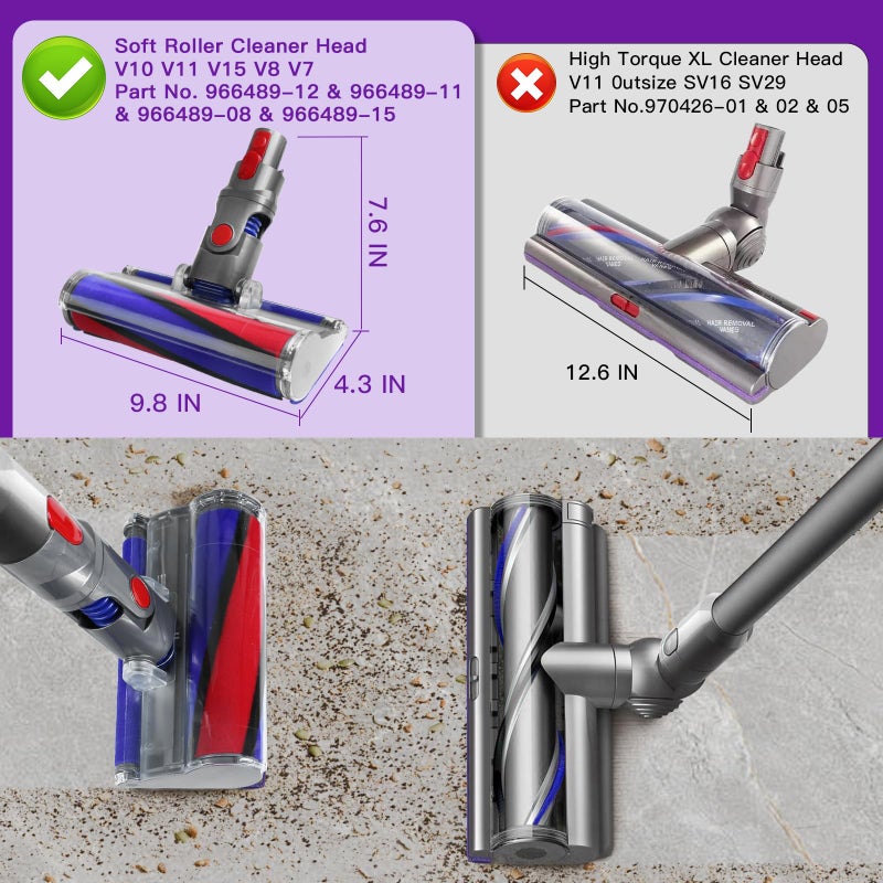 Lemige Soft Roller Cleaner Head Replacement for Dyson V10 V11 V15 V8 V7 Cordless Vacuum Cleaners, Quick Release Vacuum Head Replacement Attachments Parts Accessories for Dyson, Gentle on Hard Floors - Image 3