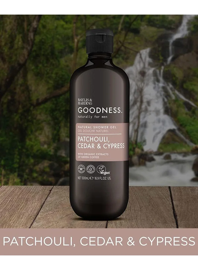بايليس & هاردينج جل استحمام بايلس آند هاردينغ جودنس برائحة الباتشولي والأرز والسرو للرجال، ٥٠٠ مل | مُعزز بمستخلصات القهوة الخضراء العضوية | غسول للجسم نباتي | نباتي ولم يُختبر على الحيوانات | تركيبة مُنشطة ومنعشة