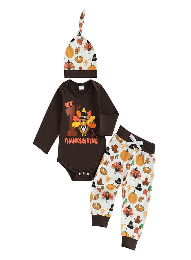 Fuethsuy Baby Boy Thanksgiving Clothes Turkey Letter Print Long Sleeve Romper Jogger Pants Set Infant 3Pcs Fall Winter Outfit (Brown, 6-12 Months) - Image 1
