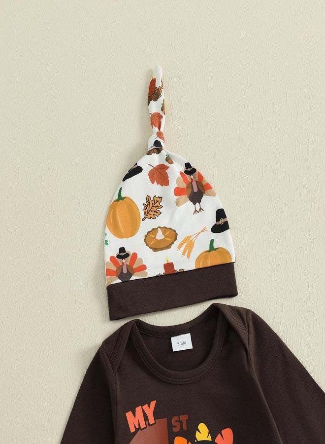 Fuethsuy Baby Boy Thanksgiving Clothes Turkey Letter Print Long Sleeve Romper Jogger Pants Set Infant 3Pcs Fall Winter Outfit (Brown, 6-12 Months) - Image 4