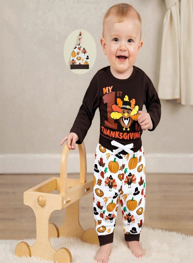 Fuethsuy Baby Boy Thanksgiving Clothes Turkey Letter Print Long Sleeve Romper Jogger Pants Set Infant 3Pcs Fall Winter Outfit (Brown, 6-12 Months) - Image 2