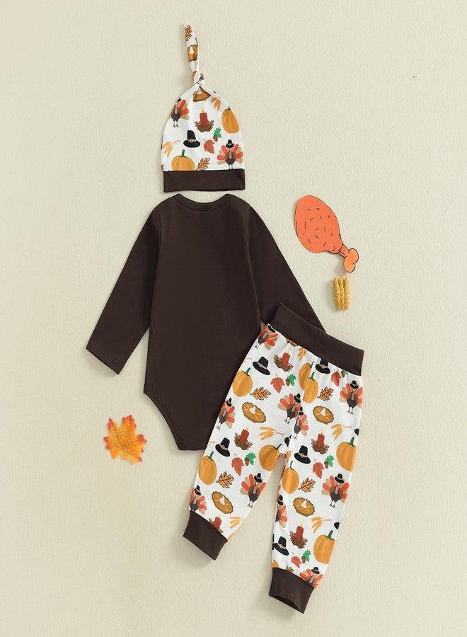 Fuethsuy Baby Boy Thanksgiving Clothes Turkey Letter Print Long Sleeve Romper Jogger Pants Set Infant 3Pcs Fall Winter Outfit (Brown, 6-12 Months) - Image 3