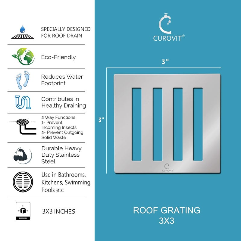 CUROVIT CUROVIT Stainless Steel Drain Strainer 3x3 Chrome Finish Without Frame Jali for Roof Balcony Pool Area Roof Model Square in Shape  - Image 3