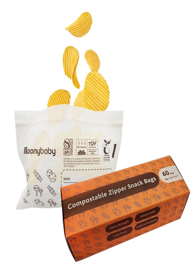 Moonybaby Compostable Snack Size Food Storage Bags (60 Count), Organic Food Storage Container with Food-Safe Zip Seal, Freezer and Leak Proof - Image 1