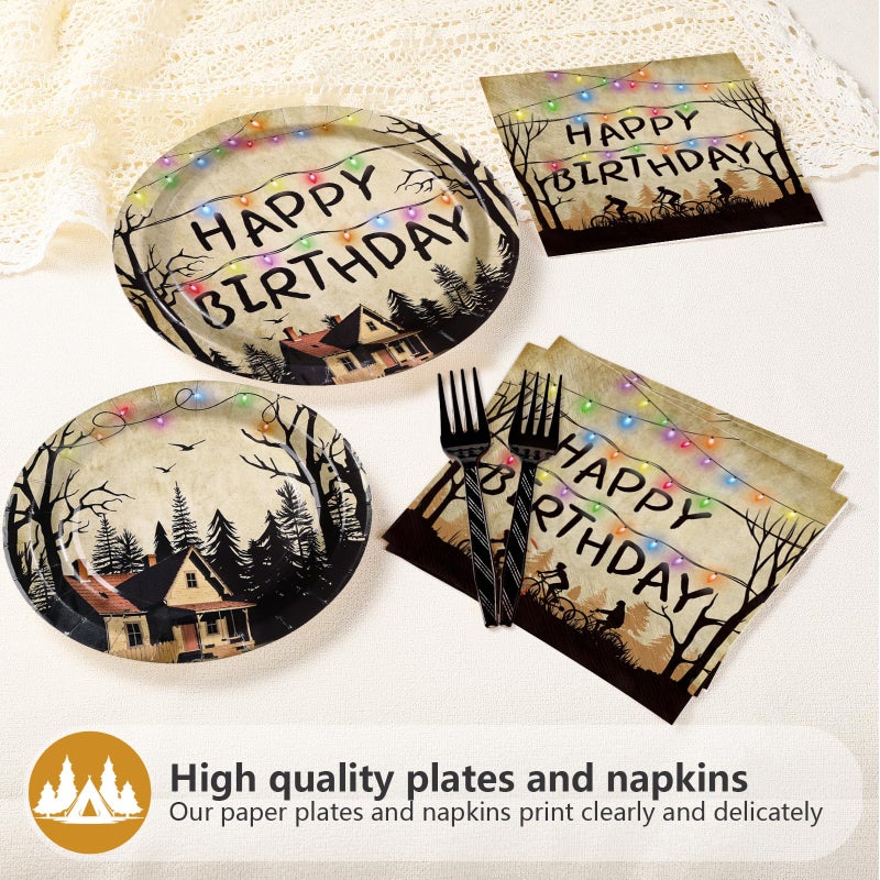 Greencian 96Pcs Spooky Rustic Alphabet Decorations Retro Scary House Plates and Napkins Tableware Sets Retro Colorful Light Bulbs Party Decorations for Kids Birthday Stranger Party Supplies Serves 24 - Image 5