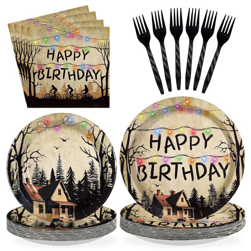 Greencian 96Pcs Spooky Rustic Alphabet Decorations Retro Scary House Plates and Napkins Tableware Sets Retro Colorful Light Bulbs Party Decorations for Kids Birthday Stranger Party Supplies Serves 24 - Image 1