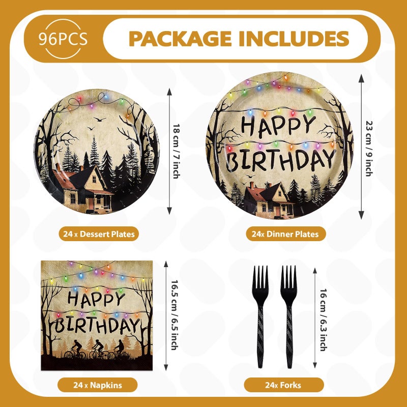 Greencian 96Pcs Spooky Rustic Alphabet Decorations Retro Scary House Plates and Napkins Tableware Sets Retro Colorful Light Bulbs Party Decorations for Kids Birthday Stranger Party Supplies Serves 24 - Image 3