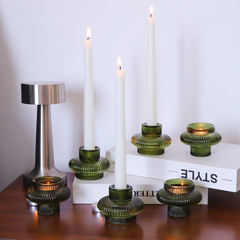 VOHO Green Candle Holder Decor for Dining Table Centerpiece, Ribbed Taper Candle Holders Versatile for Candle Sticks and Tea Lights Candles, Holiday Candlestick Holders Gifts for Friends(Set of 6) - Image 5