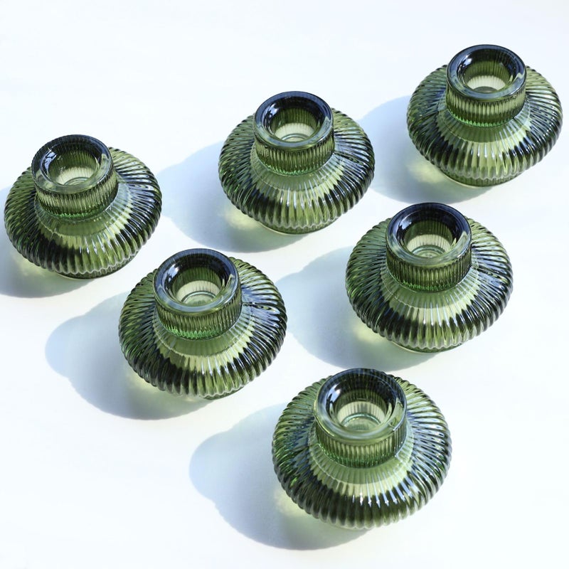 VOHO Green Candle Holder Decor for Dining Table Centerpiece, Ribbed Taper Candle Holders Versatile for Candle Sticks and Tea Lights Candles, Holiday Candlestick Holders Gifts for Friends(Set of 6) - Image 1