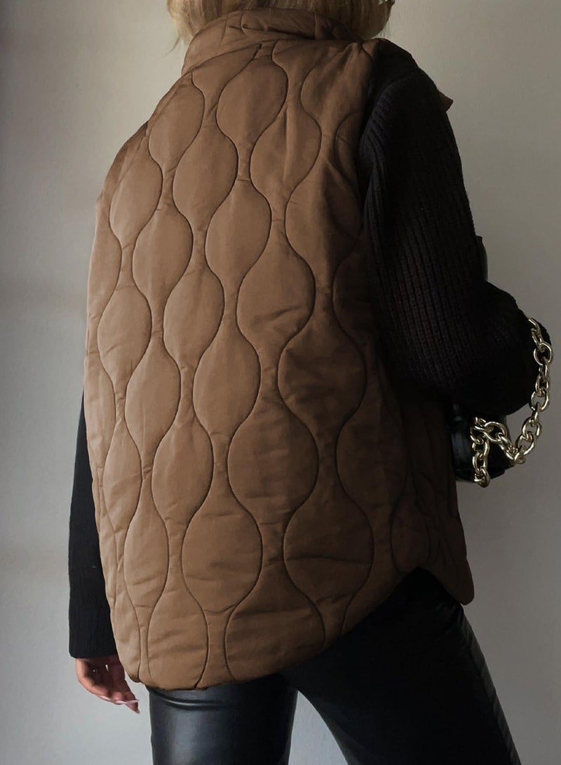 EVALESS Womens Fall Winter 2025 Fashion Cropped Puffer Vest Lightweight Quilted Stand Collar Sleeveless Jackets Button Zip Up Vacation Outfits Warm Coats Outerwear with Pockets Brown Medium - Image 4