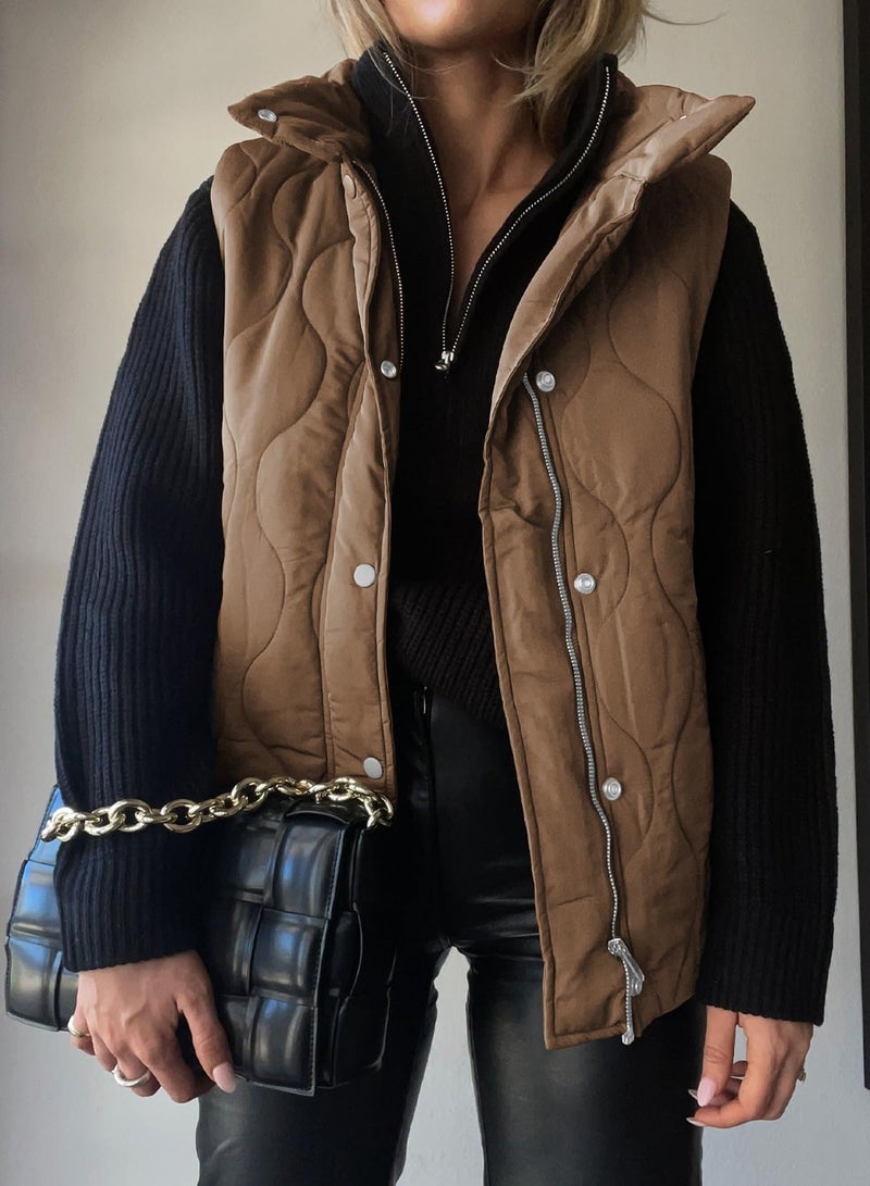 EVALESS Womens Fall Winter 2025 Fashion Cropped Puffer Vest Lightweight Quilted Stand Collar Sleeveless Jackets Button Zip Up Vacation Outfits Warm Coats Outerwear with Pockets Brown Medium - Image 2