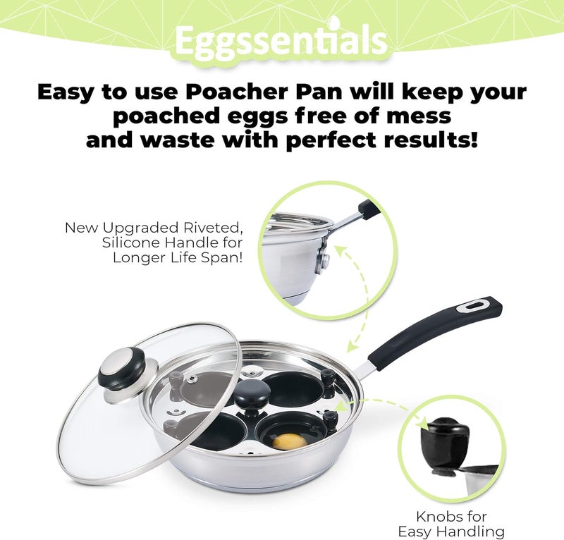 Eggssentials Egg Poacher Pan Nonstick Poached Egg Maker, Stainless Steel Egg Poaching Pan, Poached Eggs Cooker Food Grade Safe PFOA Free with Spatula - Image 4