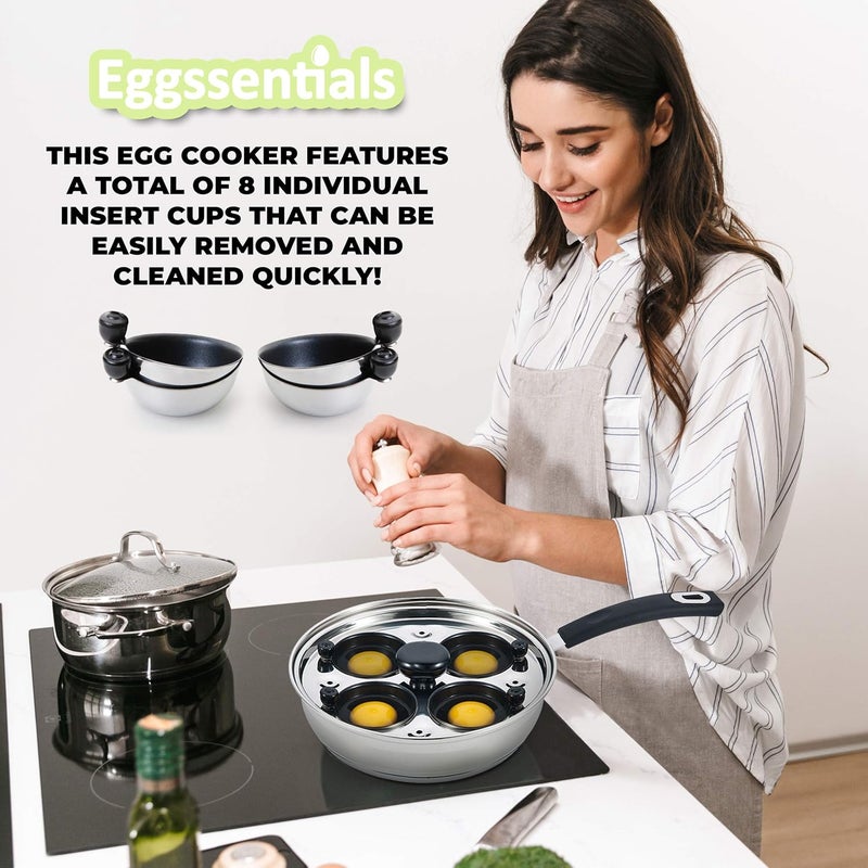 Eggssentials Egg Poacher Pan Nonstick Poached Egg Maker, Stainless Steel Egg Poaching Pan, Poached Eggs Cooker Food Grade Safe PFOA Free with Spatula - Image 2