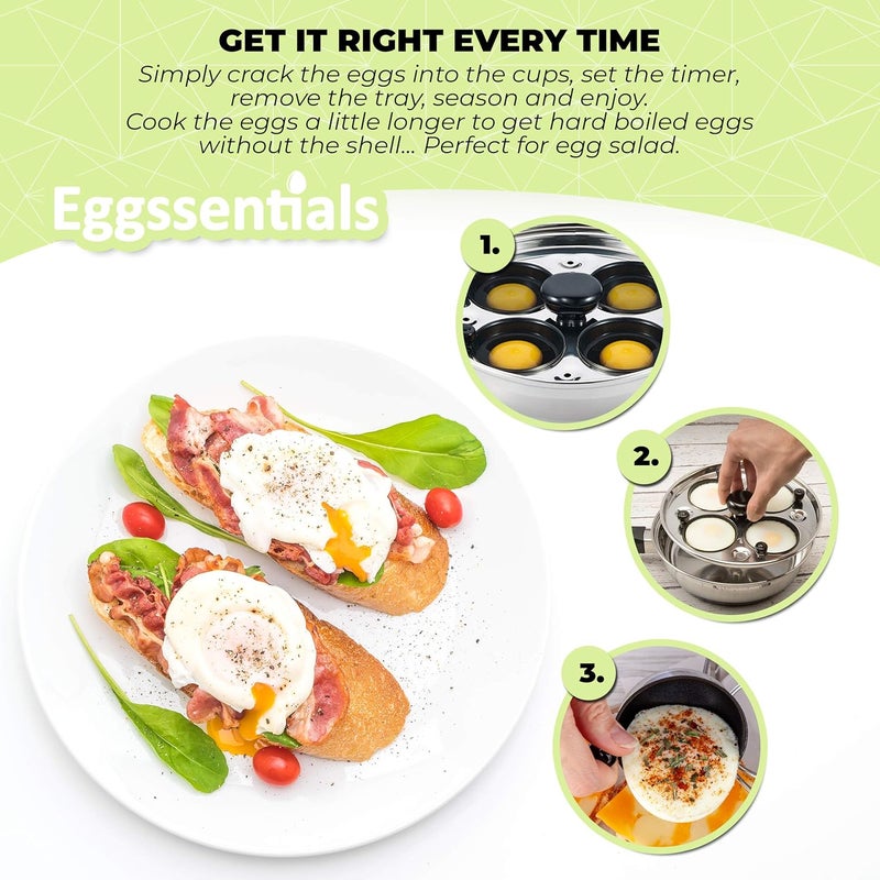 Eggssentials Egg Poacher Pan Nonstick Poached Egg Maker, Stainless Steel Egg Poaching Pan, Poached Eggs Cooker Food Grade Safe PFOA Free with Spatula - Image 3