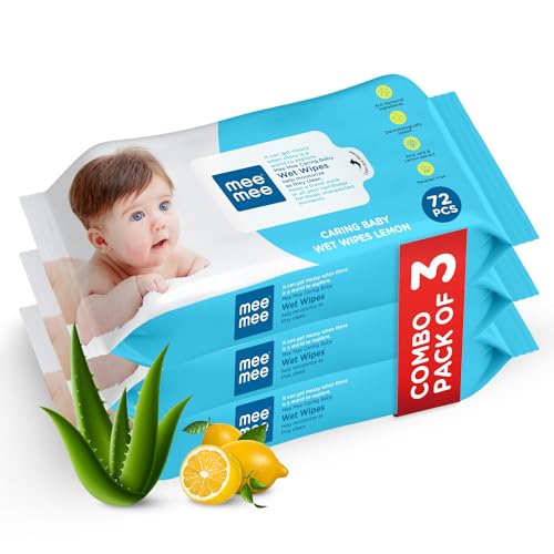 Mee Mee Wet Wipes for Baby Skin with lemon & Aloe Vera | 72 Wipes x Pack of 3-216 Wipes | Paraben Free, Fragrance Free, pH Balanced, Dermatologically Safe, Baby Wipes Combo - Image 1