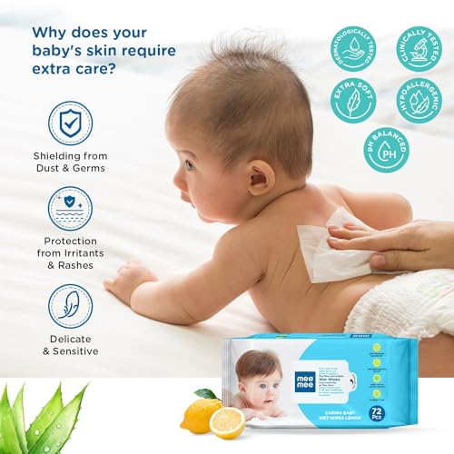 Mee Mee Wet Wipes for Baby Skin with lemon & Aloe Vera | 72 Wipes x Pack of 3-216 Wipes | Paraben Free, Fragrance Free, pH Balanced, Dermatologically Safe, Baby Wipes Combo - Image 3