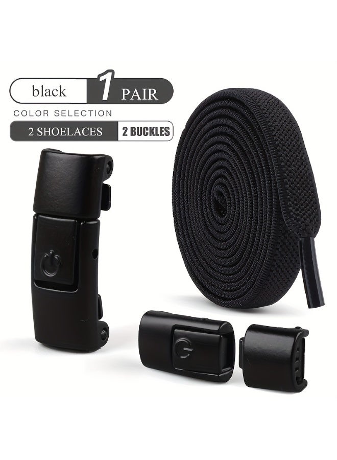 زوج واحد من أربطة الأحذية، 2 شريط مطاطي و2 مشبك، أربطة أحذية مرنة بلون سادة، أربطة أحذية كلاسيكية مناسبة للأحذية الكاجوال والأحذية الرياضية (أسود) - Image 1