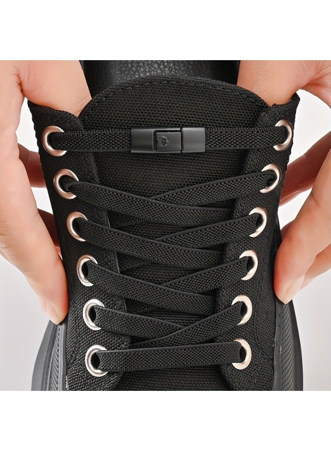 زوج واحد من أربطة الأحذية، 2 شريط مطاطي و2 مشبك، أربطة أحذية مرنة بلون سادة، أربطة أحذية كلاسيكية مناسبة للأحذية الكاجوال والأحذية الرياضية (أسود) - Image 3