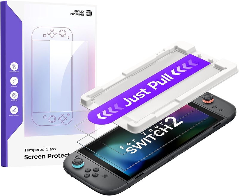 jsaux 2-Pack Tempered Glass Screen Protector for Switch 2, Place & Pull Guide Frame for Effortless Installation, Ultra Clear 9H+ Hardness, Anti Fingerprint, Shatter Resistant Switch2 Accessories - Image 1