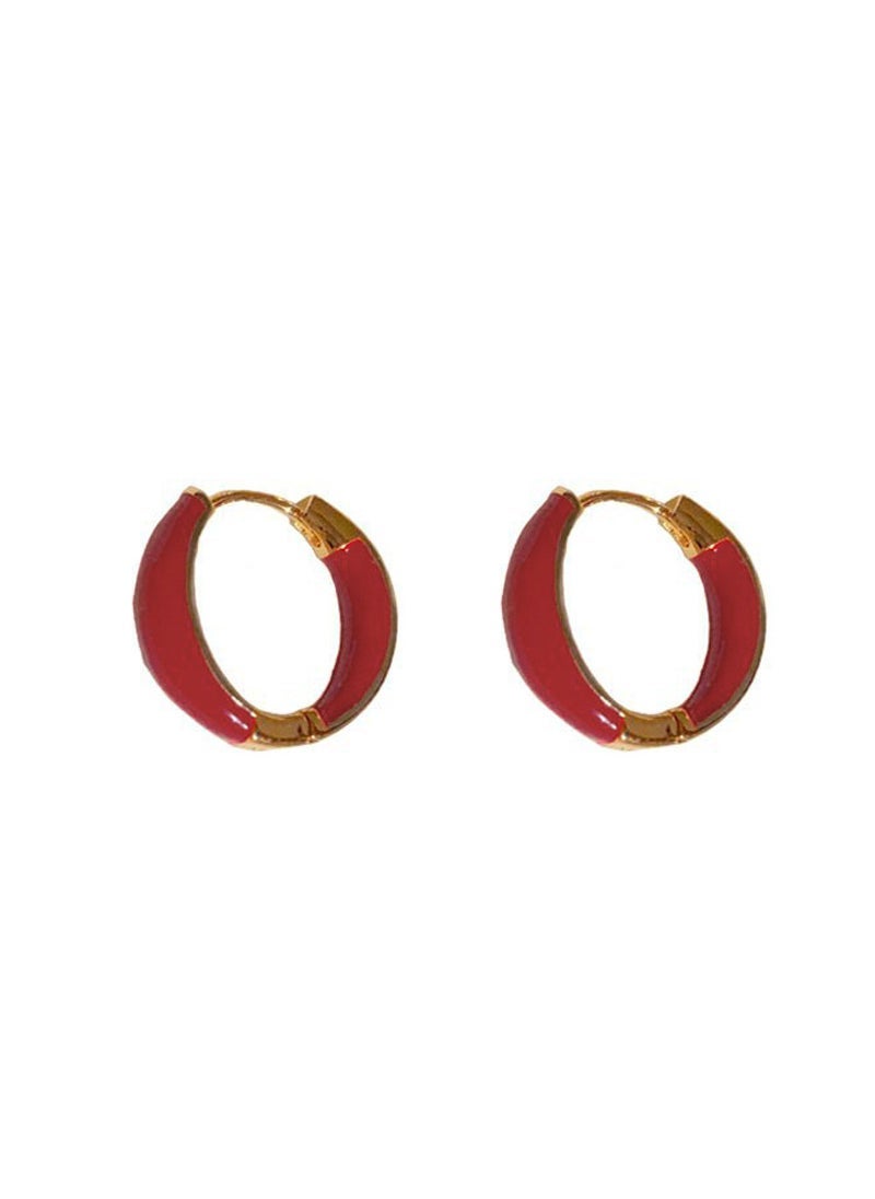 French Vintage Red Enamel Circle Earrings Angora red oil dripping circle earrings (thick real gold plating)