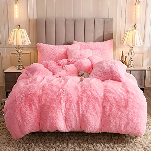 Uhamho Faux Fur Velvet Fluffy Bedding Duvet Cover Set Down Comforter Quilt Cover with Pillow Sham, Ultra Soft Warm (Twin, Pink) - Image 1