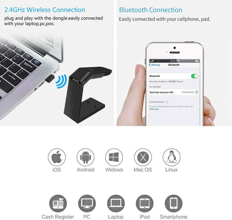 symcode Wireless Barcode Scanner with Stand, Compatible with Bluetooth,2.4GHz Wireless & Wired Connection All in one for Computer POS Warehouse Inventory Library - Image 4