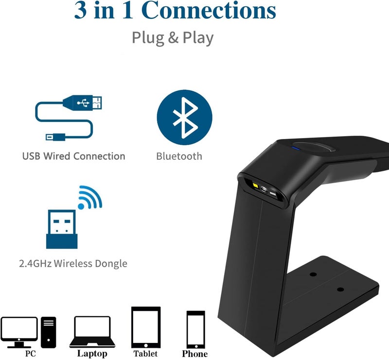 symcode Wireless Barcode Scanner with Stand, Compatible with Bluetooth,2.4GHz Wireless & Wired Connection All in one for Computer POS Warehouse Inventory Library - Image 3