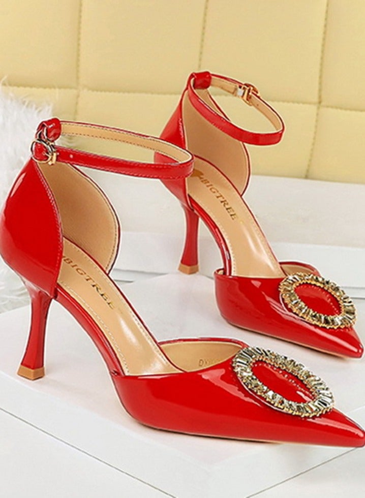 بيج تري جلد براءة اختراع المرأة مغلق إصبع القدم الكعب العالي مع أحزمة الكاحل مضخات الأحمر 8CM - Image 2