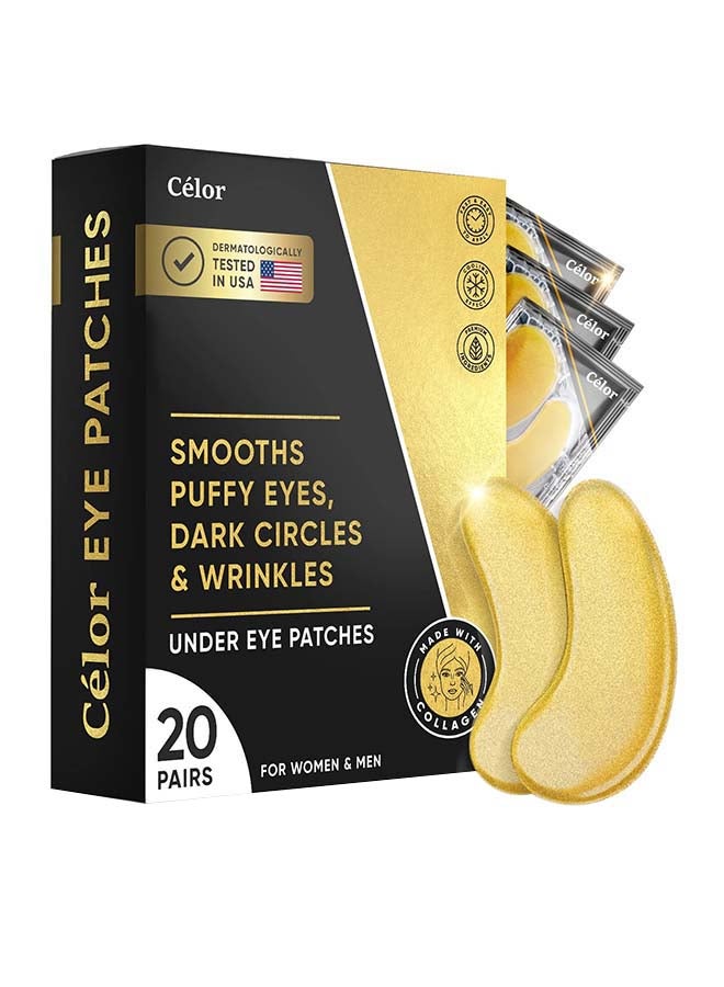 CELOR Under Eye Patches (20 Pairs) - Golden Eye Mask with Amino Acid And Collagen, Skincare Treatment For Men And Women, USA Tested - Image 1