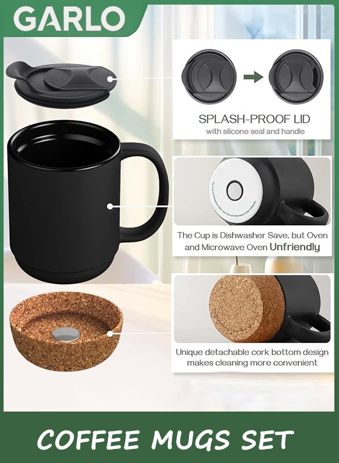 جارلو أكواب القهوة مجموعة من 2، 400 مل كأس القهوة مع أسفل الفلش والغطاء الدليل على الرش، كأس السيراميك مع مقبض كبير للرجال والنساء، أكواب مجموعة للشاي القهوة لاتي، ماتي الأسود - Image 3