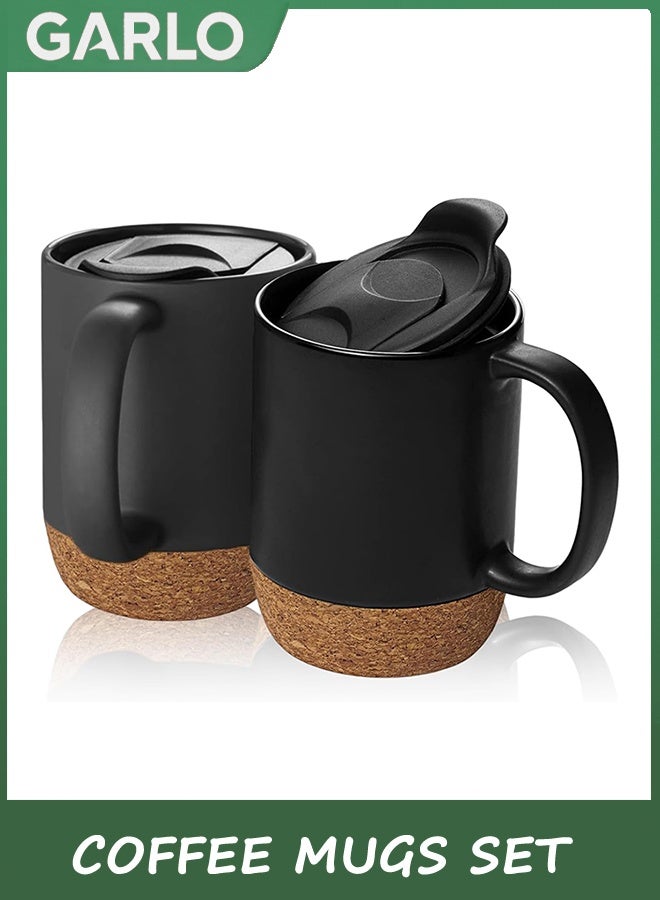 جارلو أكواب القهوة مجموعة من 2، 400 مل كأس القهوة مع أسفل الفلش والغطاء الدليل على الرش، كأس السيراميك مع مقبض كبير للرجال والنساء، أكواب مجموعة للشاي القهوة لاتي، ماتي الأسود - Image 1