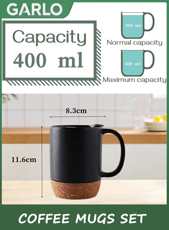 جارلو أكواب القهوة مجموعة من 2، 400 مل كأس القهوة مع أسفل الفلش والغطاء الدليل على الرش، كأس السيراميك مع مقبض كبير للرجال والنساء، أكواب مجموعة للشاي القهوة لاتي، ماتي الأسود - Image 2