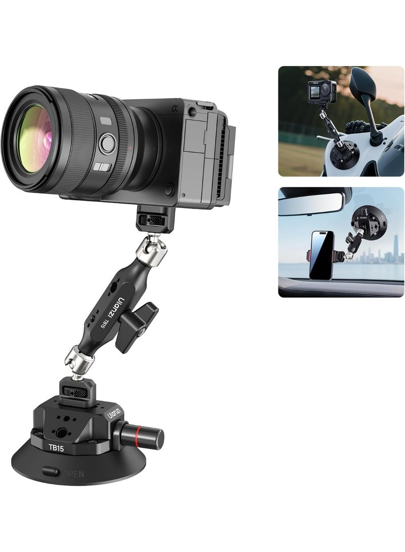 يولانزي حامل كاميرا  اولانزي TB15 مزود بكوب شفط، حامل كاميرا سيارة متين مزود بذراع سحري قابل للدوران 360 درجة، متوافق مع خيط 1/4 بوصة و3/8 بوصة، متوافق مع كاميرات DJI OSMO Pocket 3/OSMO 360/Insta 360 x5 DSLR، مناسب للسيارات والقوارب والجدران. - Image 1