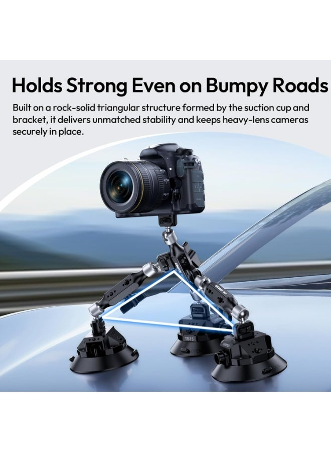 يولانزي حامل كاميرا  اولانزي TB15 مزود بكوب شفط، حامل كاميرا سيارة متين مزود بذراع سحري قابل للدوران 360 درجة، متوافق مع خيط 1/4 بوصة و3/8 بوصة، متوافق مع كاميرات DJI OSMO Pocket 3/OSMO 360/Insta 360 x5 DSLR، مناسب للسيارات والقوارب والجدران. - Image 2